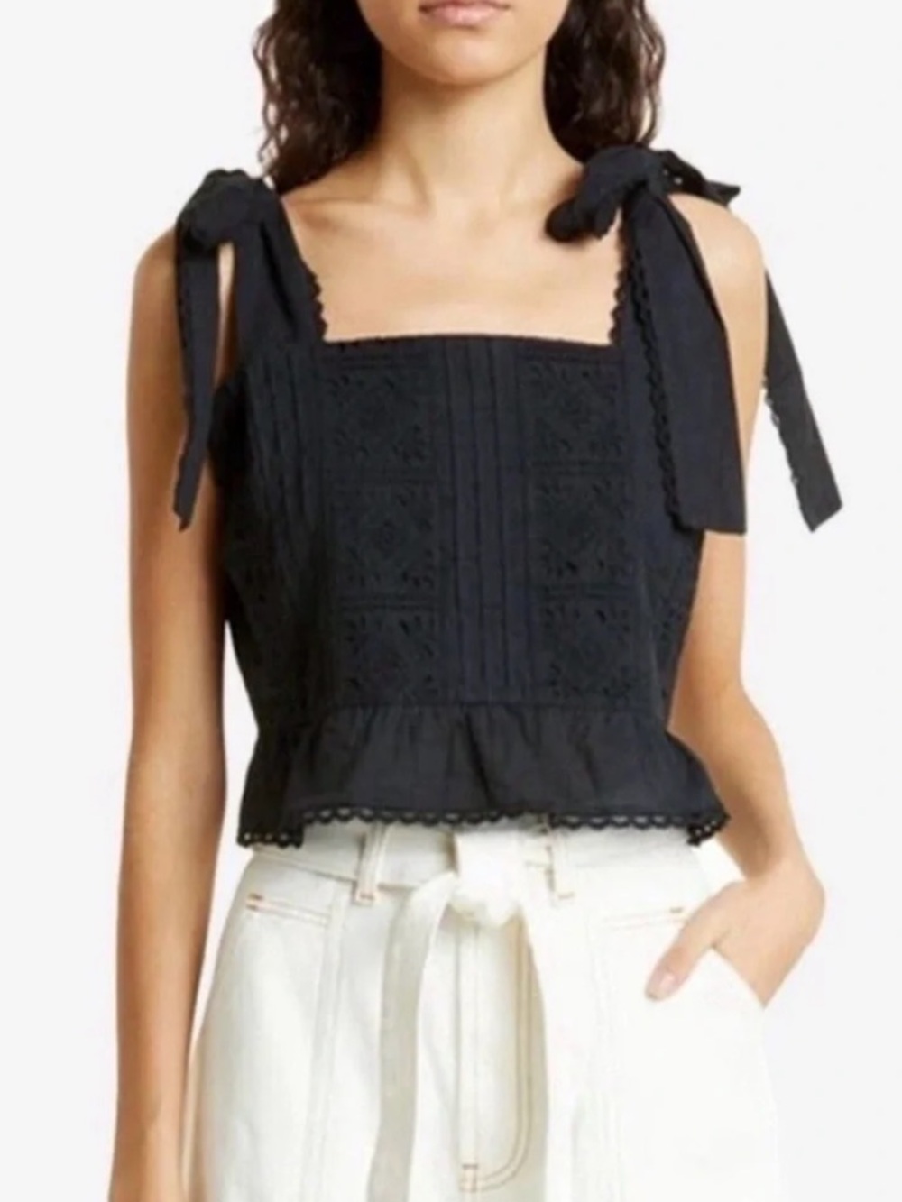 FARM Rio Black Eyelet Lace Top